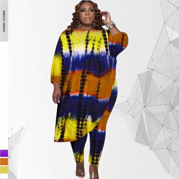

plus size dresses 5xl fashion women's outfit tie dye printing loose oblique shoulder irregular two piece set wholesale dropshipping 23, Black