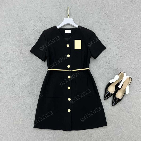 

women dress letters front logo decoration custom metal button crewneck dress belt collation waist design short sleeve commuting style maxisk, Black;gray