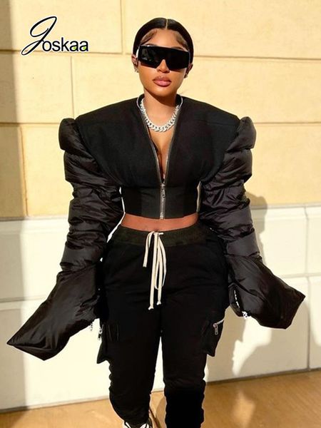 

women's jackets joskaa winter clothe flare sleeve padded jacket contrast color thicken cropped design puffer coat streetwear 230306, Black;brown