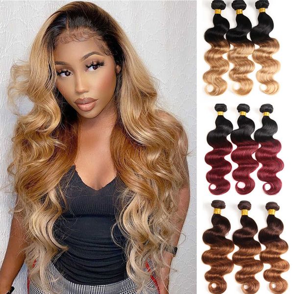 

wig caps ombre body wave bundles brazilian hair weave bundles remy human hair extensions ombre t1b27 hair bundles double weft weave j230306, Black;brown