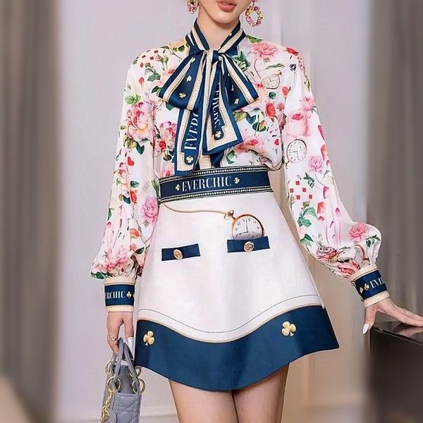 

two piece dress women british spring runway retro bows shirts long sleeve blouse and irregular bottons skirts suit party clothing sets ns359, White