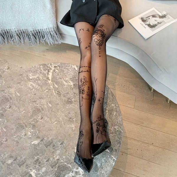 

silk stockings lace women tights with patterned tattoos pantyhose inscriptions flower letter ladies thin long black stockings, Black;white