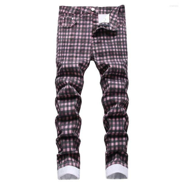 

men's jeans men check plaid digital print fashion tartan stretch denim pants slim purple trousers, Blue
