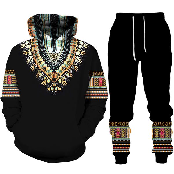 

men's tracksuits african dashiki hoodiesuit men's casual 3d printed ethnic style sweatshirt pants set menwomen folk-custom streetw, Gray
