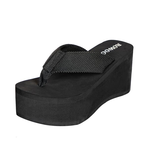 

slippers high heel women sandal shoes solid summer flip flops wedges platform textile 315" height increasing 8cm footwear 230307, Black