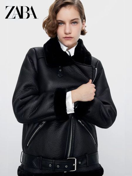 

women's jackets zaba fur locomotive retro with belt riding winter jacket longsleeved lapel padded warm black zip chic female coat 2303, Black;brown