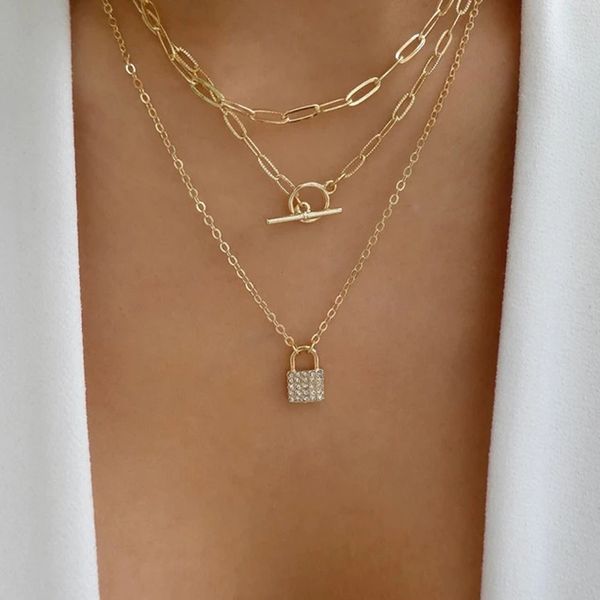 

fashion gold plated crystal key lock multi-layer necklace street sfashion collarbone chain wholesale, Silver
