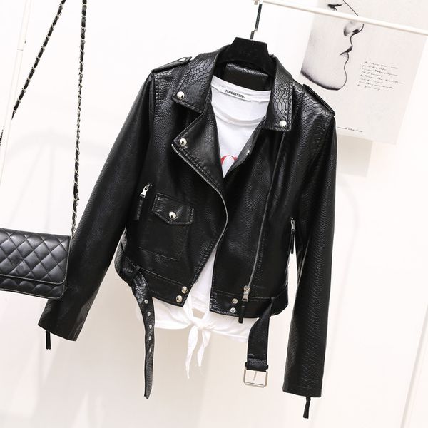 

women's jackets grain leather women's 2023 spring lapel belt jacket epaulette short motorcycle slim coat 230307, Black;brown