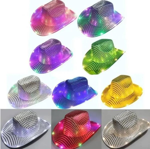 

party hats space cowgirl led hat flashing light up sequin cowboy hats luminous caps halloween costume gifts wholesale