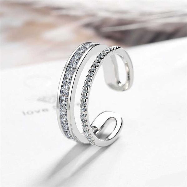 

band rings sole memory double layer rhinestones shiny cool silver color female resizable opening rings sri567 aa230306