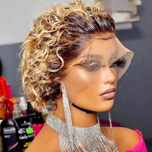 

13x1 pixie cut lace wig short curly t4/27# ombre natural wigs human hair curly wigs brazilian wig transparent lace wig preplucked hairline w, Black;brown