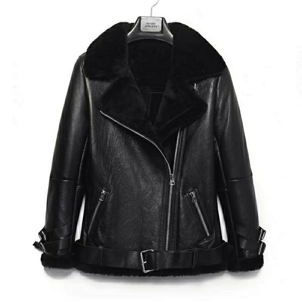 

women's leather faux warm natural fur coat winter real sheepskin jacket female outwear casaco feminino 230307, Black