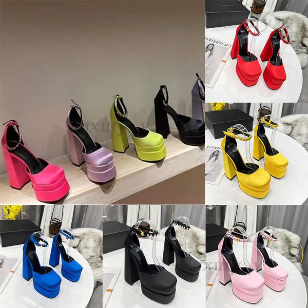 

designer sandals aevitas waterproof platform high heels woman pumps rhinestone satin sandal chunky heel shoes ladies party wedding, Black