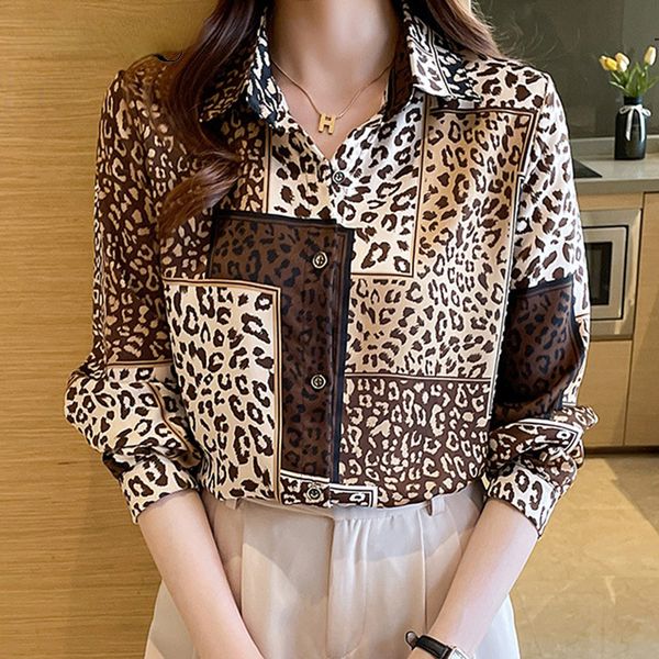 

women's blouses shirts leopard print patchwork print satin shirt women's korean polo collar long sleeve 230307, White