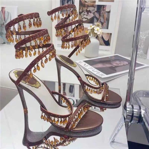 

classics stiletto heel sandals rene caovilla designer heels crystal lamp pendant rhinestone twining foot ring high heeled womens shoes narro, Black