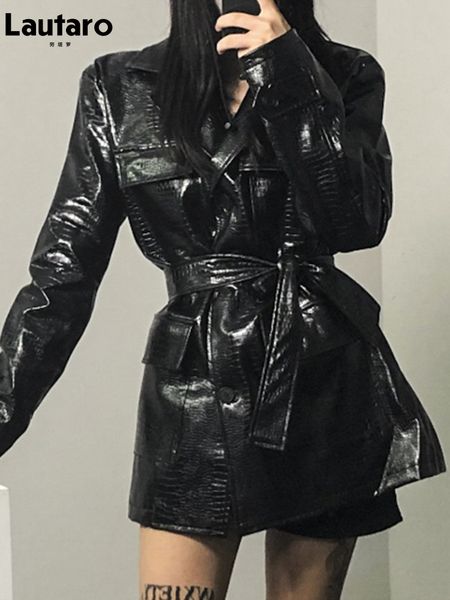 

women's jackets lautaro spring autumn shiny black white texture leather cargo jacket women many pockets long sleeve belt loose fashion, Black;brown