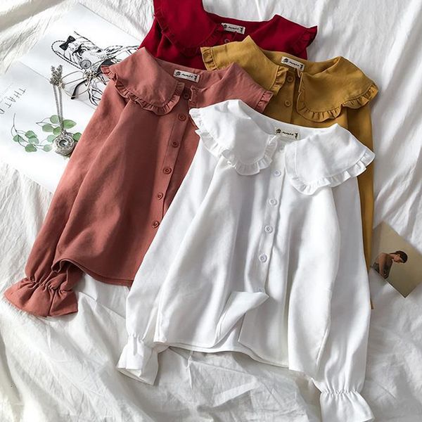 

women's blouses shirts houzhou kawaii long sleeve blouses women harajuku peter pan collar japanese cute blouse basic all-match shirt ko, White