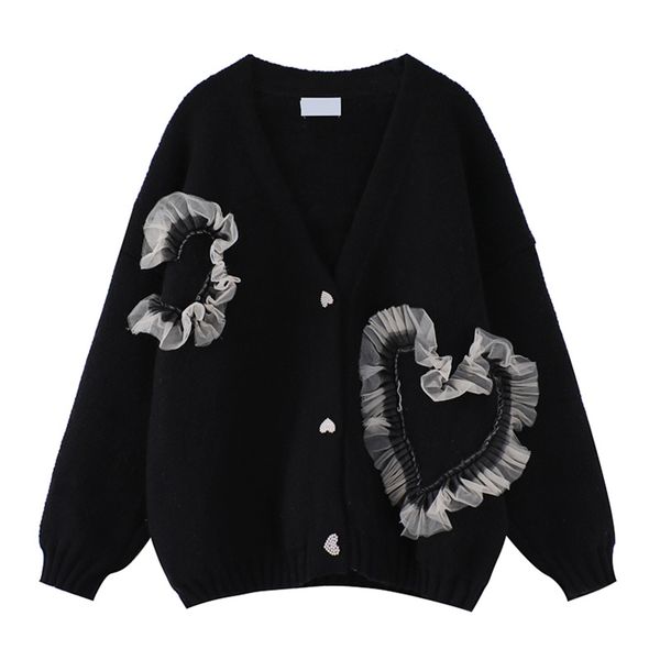 

women's knits tees kawaii knitted sweater heart mesh patchwork vneck long sleeve female oversized loose casual vintage cardigan sweater, White