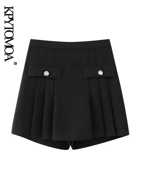 

women's shorts kpytomoa women fashion with gold button pleated skirts vintage high waist side zipper female skort mujer 230308, White;black