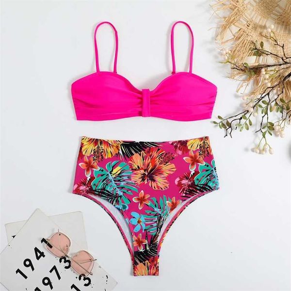 

nylon printed split women's high-waist suspender pleated multi-color bikini swimsuit, White;black
