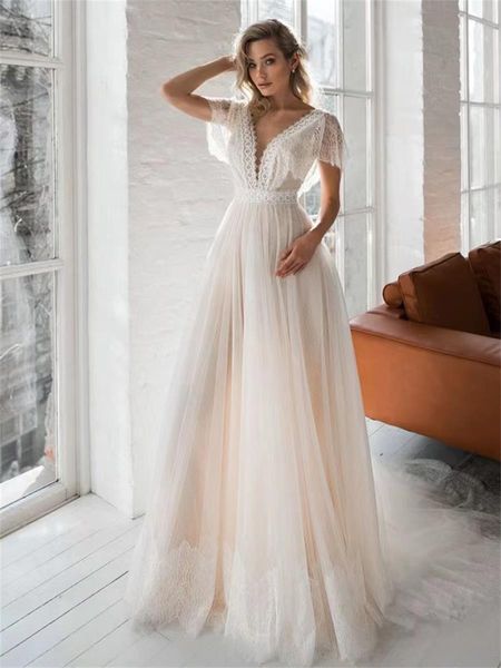 

lace wedding dress bohemian naked back light luxury deep v-neck fn9339, White