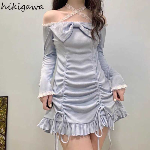 

casual dresses 2023 vestidos de mujer japanese sweet mini dress slash neck sweet bow robe vestido feminino drawstring ruffles bodycon dresse, Black;gray