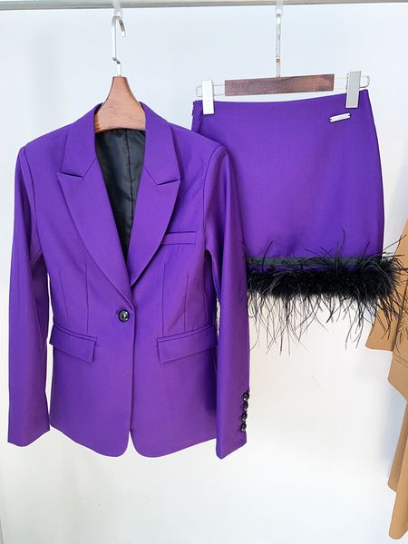 

high-quality star with the same two piece dress one-button purple blazer and feather decoration skirt, White