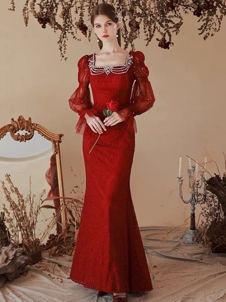 

gorgeous burgundy evening dresses square collar pearls crystal beading mermaid long sleeve back bandage backless party prom gown, Black;red