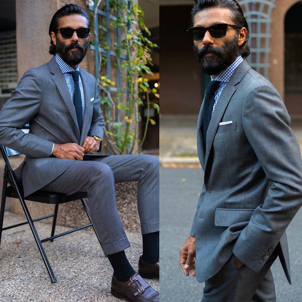

high-end brand men tuxedo gray plaid mens formal business office suit two-piece groom wedding dress party suit, Black;gray