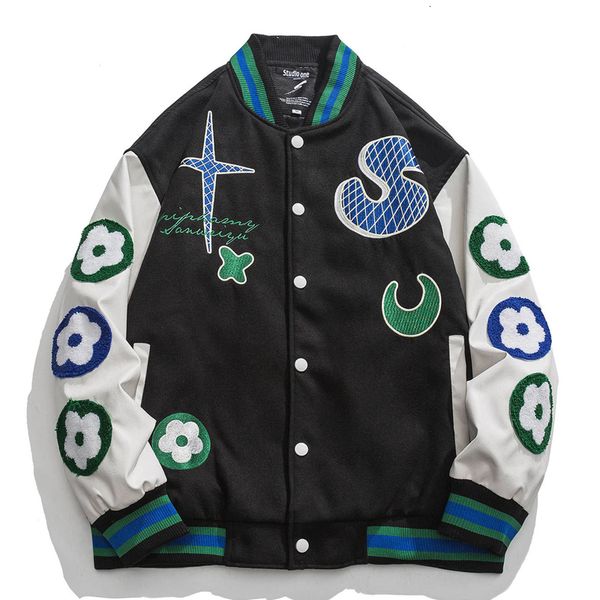 

men s jackets flower letter embroidery oversize jacket men streetwear baseball coat 2023 casual leather sleeve patchwork varsity coats 23030, Black;brown