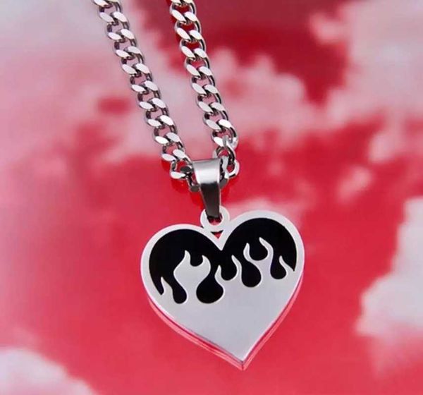 

pendant necklaces 2023 grunge y2k flame love heart necklace for women vintage stainless steel chains pendants necklaces hip hop rave jewelry, Silver