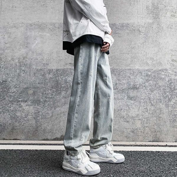 

men's pants american washed yellow mud steel printed men jeans high street straight streetwear man denim pants basic trousers z0306, Black