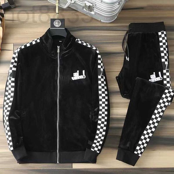 

men's tracksuits designer golden velvet thickened plush casual suit new light luxury high-end cardigan two-piece set large fashion tren, Gray