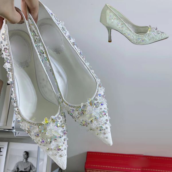 

rene rene caovilla stiletto dress shoes crystal mesh lace sandals designer fashion women pointed toe wedding shoes 7.5cm high heels casual f, Black