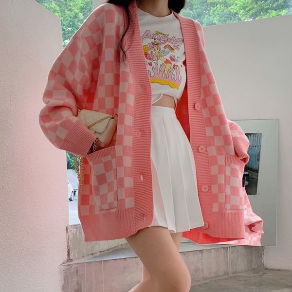 

women's knits tees fairy kei pink checkered cardigan sweater women oversize vneck button up knit soft girl aesthetic 230308, White