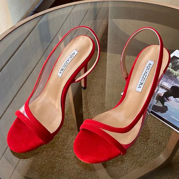 

aquazura stiletto sandals suede leather designer dress shoes black fashion ankle band pvc transparent women open-toe casual high heel factor