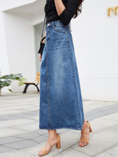 

skirts denim skirt long women blue solid a-line skirts fashion lady streetwear casual pocket high waist jeans skirt office maxi skirt 230308, Black