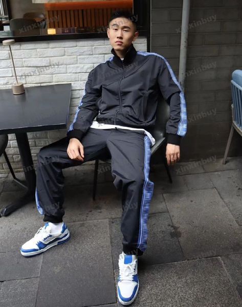 

xinxinbuy men designer coat jacket sets sports webbing windbreaker fabric long sleeve women white red blue black m-2xl, Black;brown