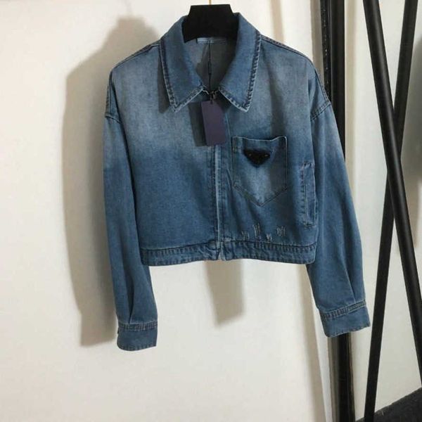 

23ss designer brand womens short denim jacket casual loose lapel front pocket long sleeve zipper jacket women clothing a1, Black;brown
