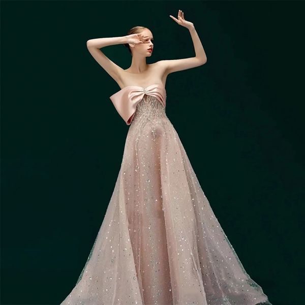

gorgeous fairy pink evening dresses strapless 2023 long a-line tulle bead crystal bow prom formal party gowns vestido de festa, Black;red