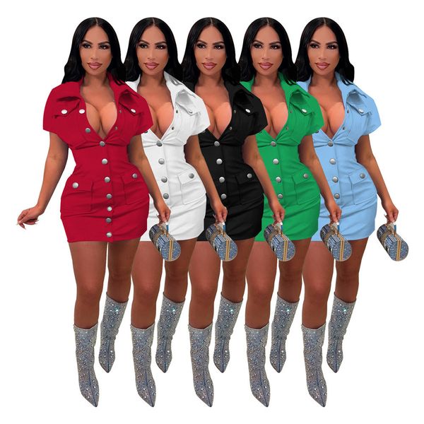 

2023 women solid color work dresses fashion pocket clothing short sleeve casual dresses summer clothes 9423, Black;gray