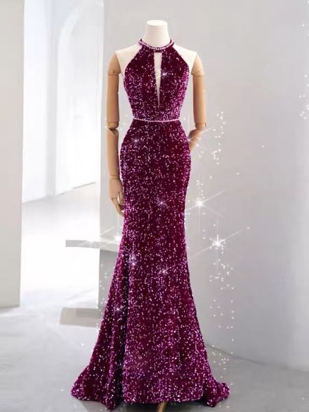 

purple plum evening dresses mermaid halter crystal beading v neck woman backless bridal toast clothing party prom gown 2023, Black;red