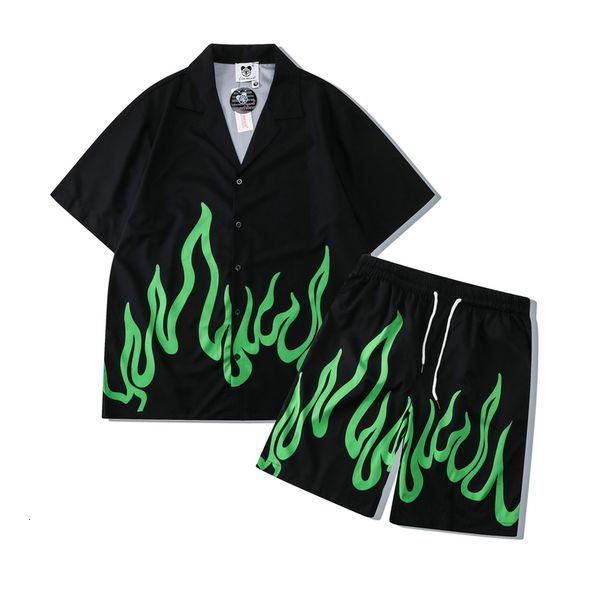 

men s polos green flame print summer shirts and shorts tracksuits for men streetwear casaul oversized hawaii sets loose beach clothes 230308, White;black