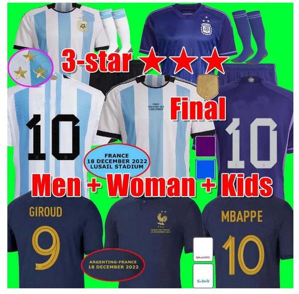 

3 star soccer jerseys final fan player 2022 2023 argentina 22 23 signed enzo alvarez di maria de paul kids kit men women football shirt mbap, Black;yellow
