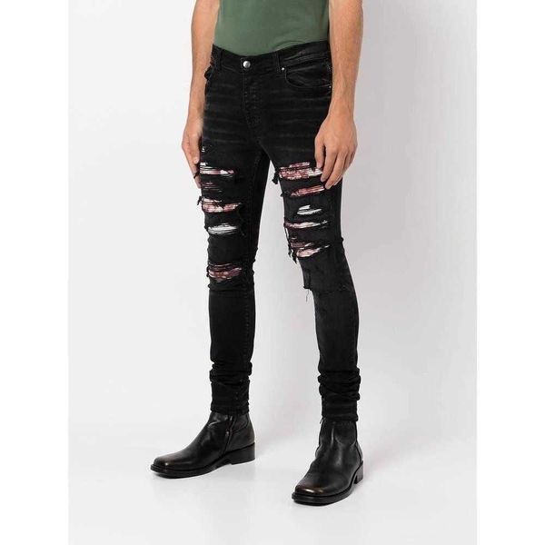 

jeans men pants ammir black ripped men's slim fit high street fashion brand trousers elastic style designer niche ins celebrity casual, Blue