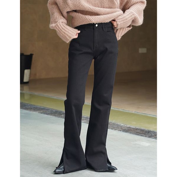 

women's jeans autumn and winter women's casual solid color high waist slim slit flared jeans 230308, Blue