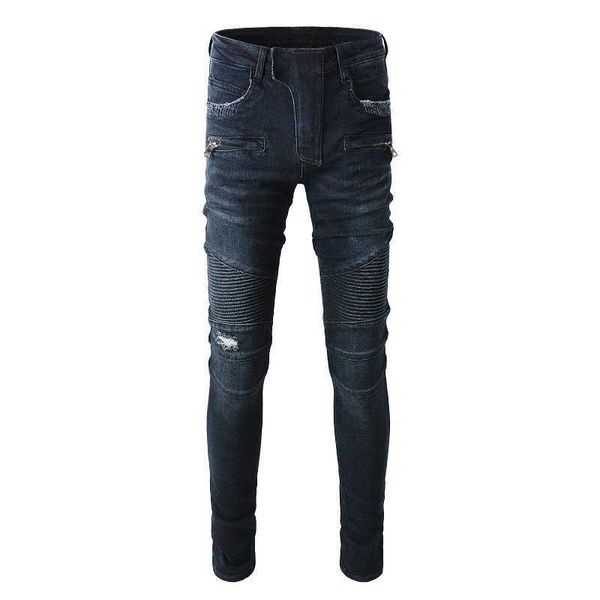 

desinger tshirts mairi trend dark blue fashion brand multi pocket slim fit elastic motorcycle high street skinny jeans