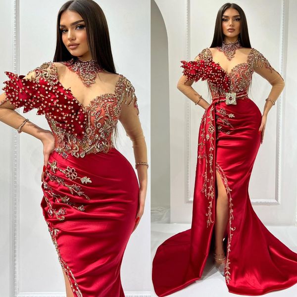 

2023 arabic aso ebi red mermaid prom dresses crystals lace beaded evening formal party second reception birthday engagement gowns dress zj53, Black