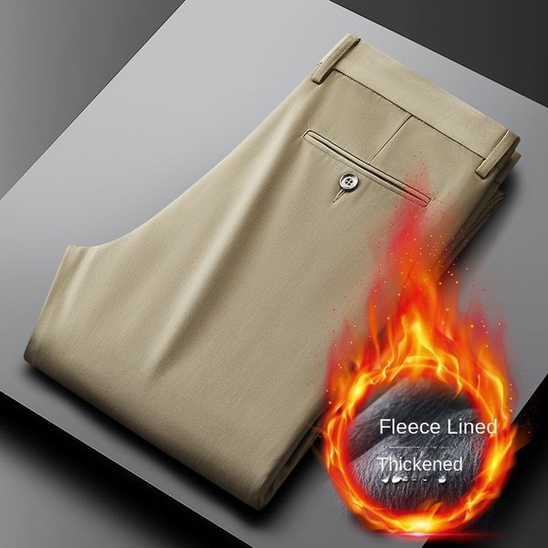 

men's pants warm fleece suit clothing straight regular black thick winter trousers for business formal dress casual 230307