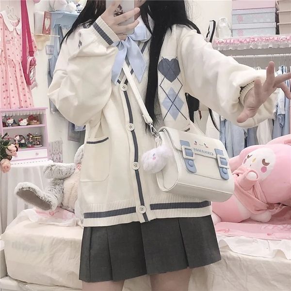 

women's knits tees harajuku college style girl kawaii plaid pink cardigan sweater women vintage collar cute oversized knitted female 23, White